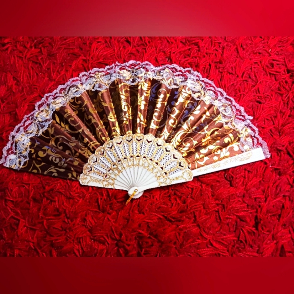 Satin Lace Folding Hand Fan Brown, White And Gold